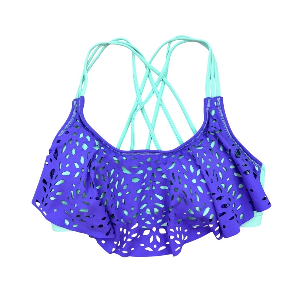 Calia by Carrie Underwood Purple Mint Laser Cut Ruffle Bikini Top Womens XS‎